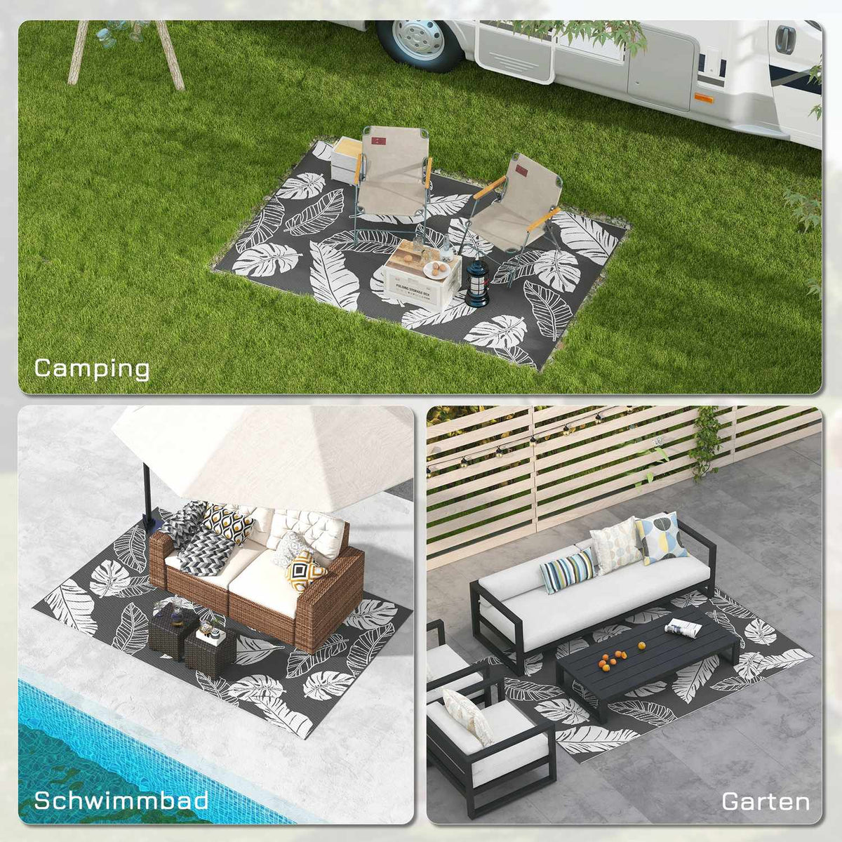 Outdoor Rug Weatherproof Plastic Carpet, Double-Sided Design For Balcony & Patio, Grey+White, 182X274Cm