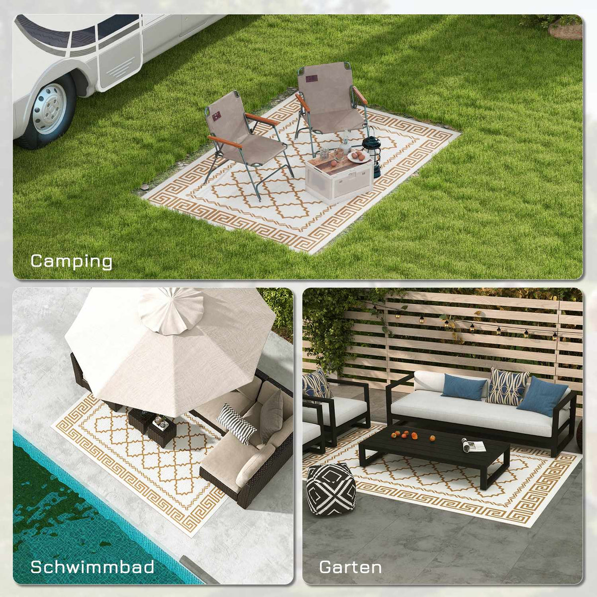 Outdoor Rug Weatherproof Plastic Rug Reversible Rug With Carry Bag 182 X 274 Cm Brown + Cream White For Garden Camping