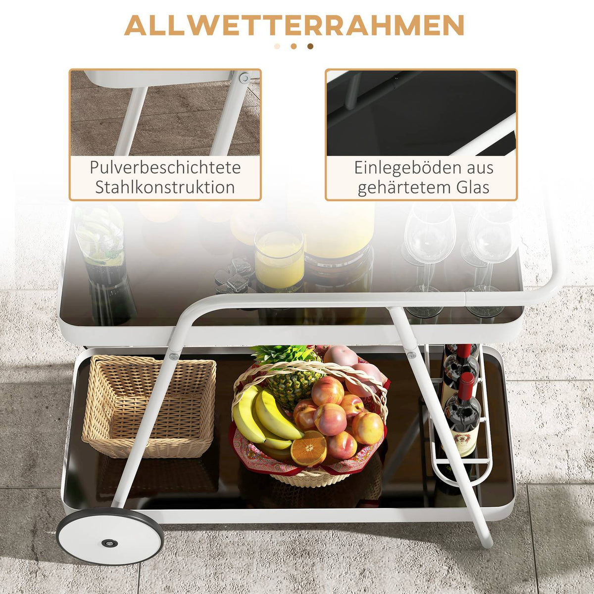 Outdoor Serving Trolley 2-Tier Trolley With Wine Rack, Steel Frame, Black+White, 86.5X51X78Cm