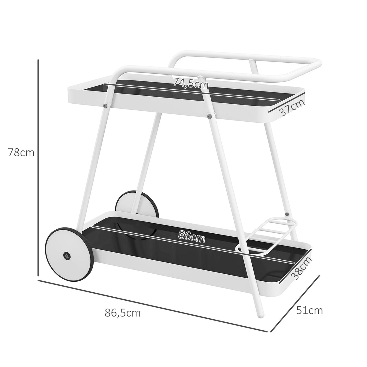 Outdoor Serving Trolley 2-Tier Trolley With Wine Rack, Steel Frame, Black+White, 86.5X51X78Cm
