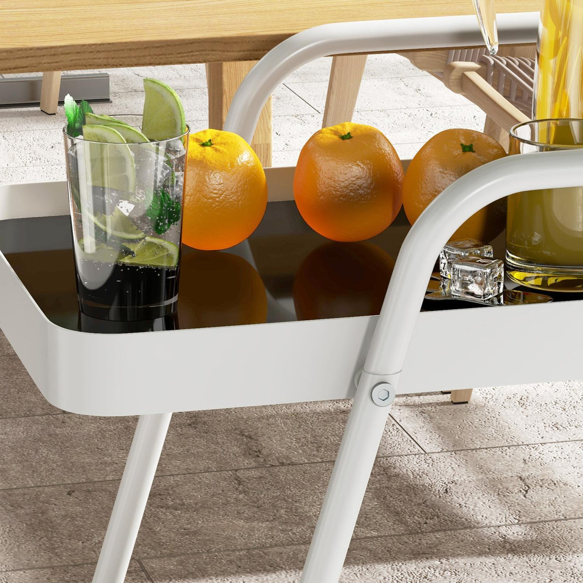 Outdoor Serving Trolley 2-Tier Trolley With Wine Rack, Steel Frame, Black+White, 86.5X51X78Cm