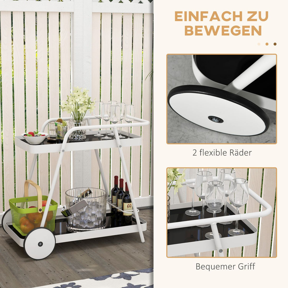 Outdoor Serving Trolley 2-Tier Trolley With Wine Rack, Steel Frame, Black+White, 86.5X51X78Cm