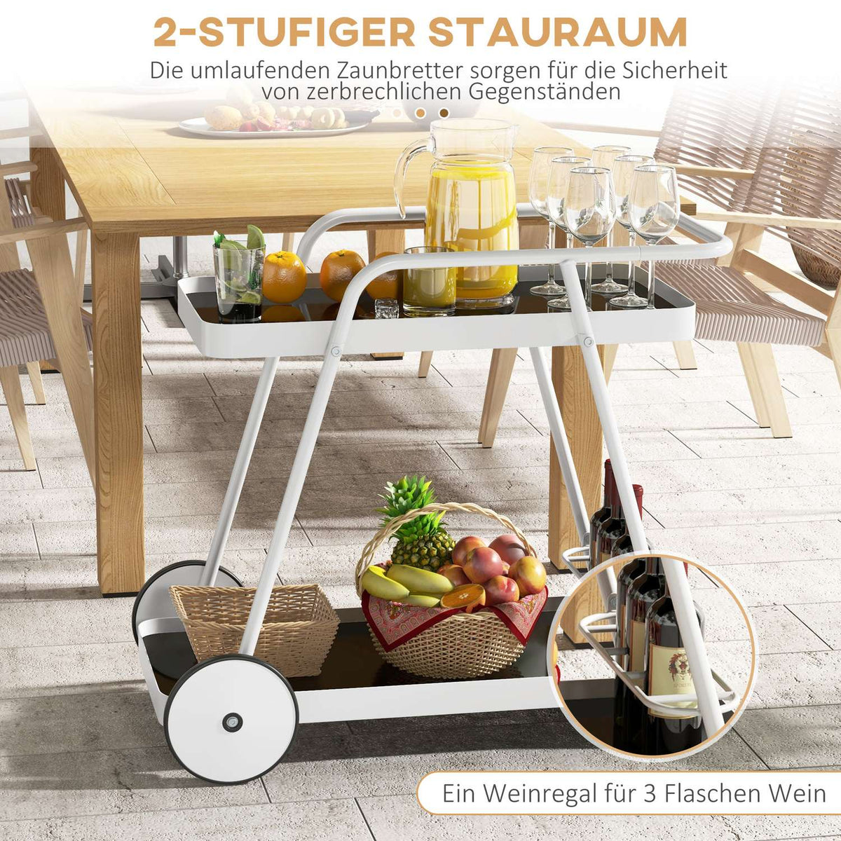 Outdoor Serving Trolley 2-Tier Trolley With Wine Rack, Steel Frame, Black+White, 86.5X51X78Cm