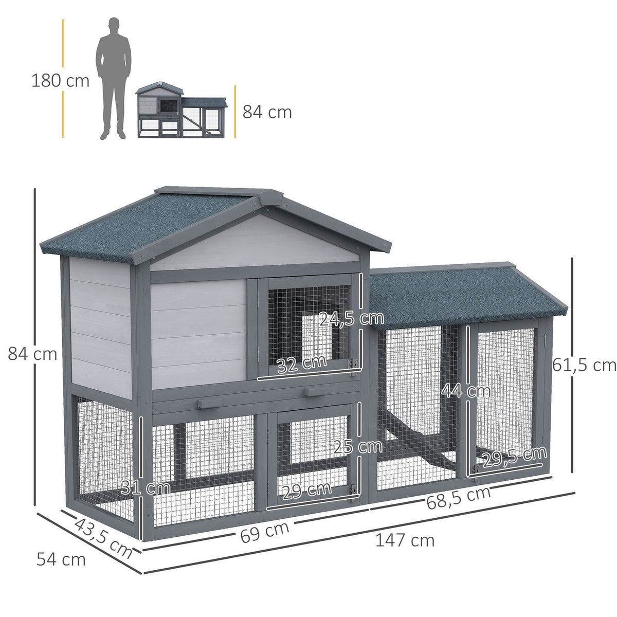 Outdoor Small Animal Hutch, Dark Grey, 147 x 54 x 84 cm