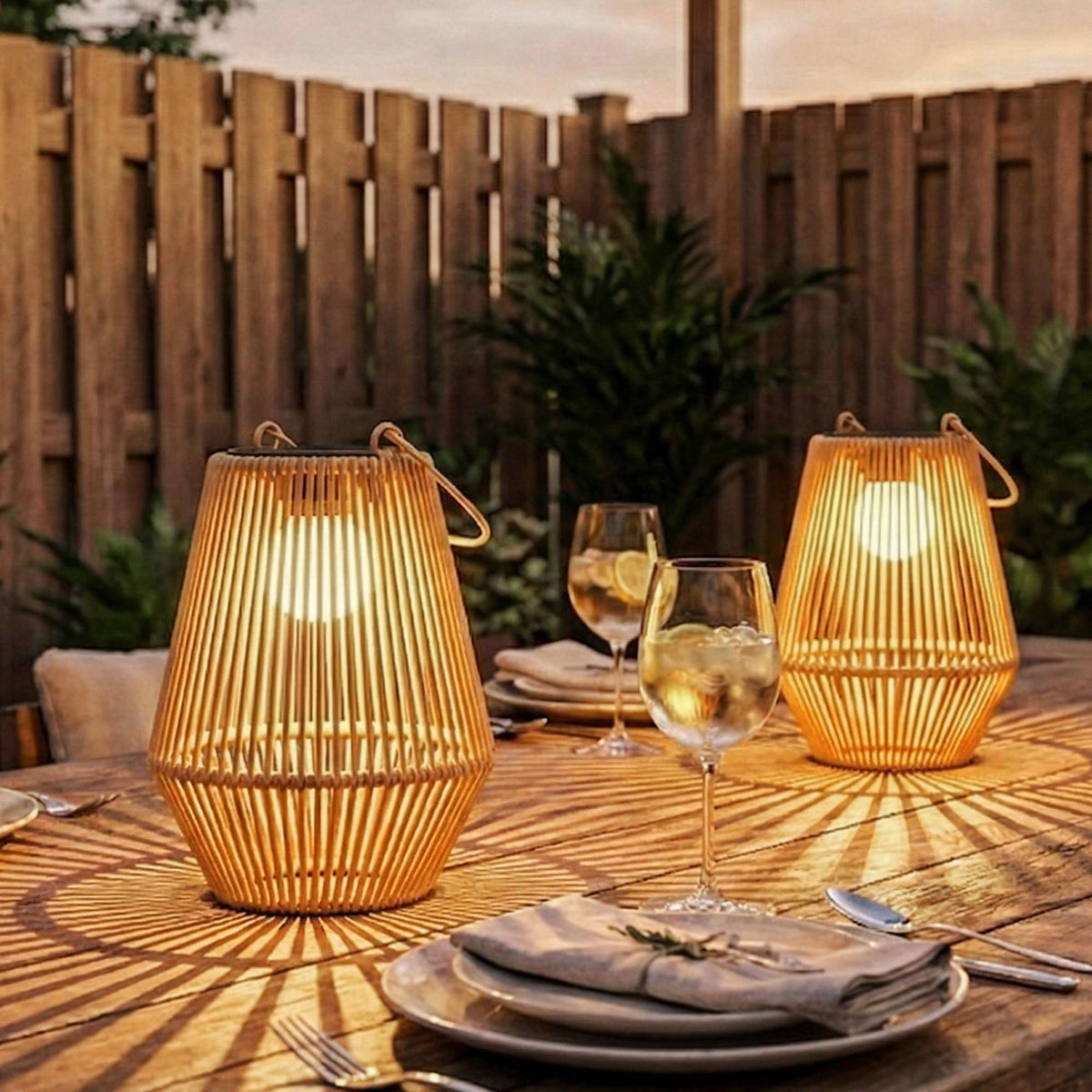Outdoor Solar Lantern Set, Hanging Rattan, IP44 Waterproof