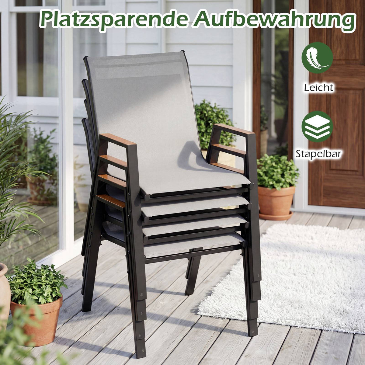 Outdoor Stackable Garden Chairs Set, Breathable Teslin Fabric