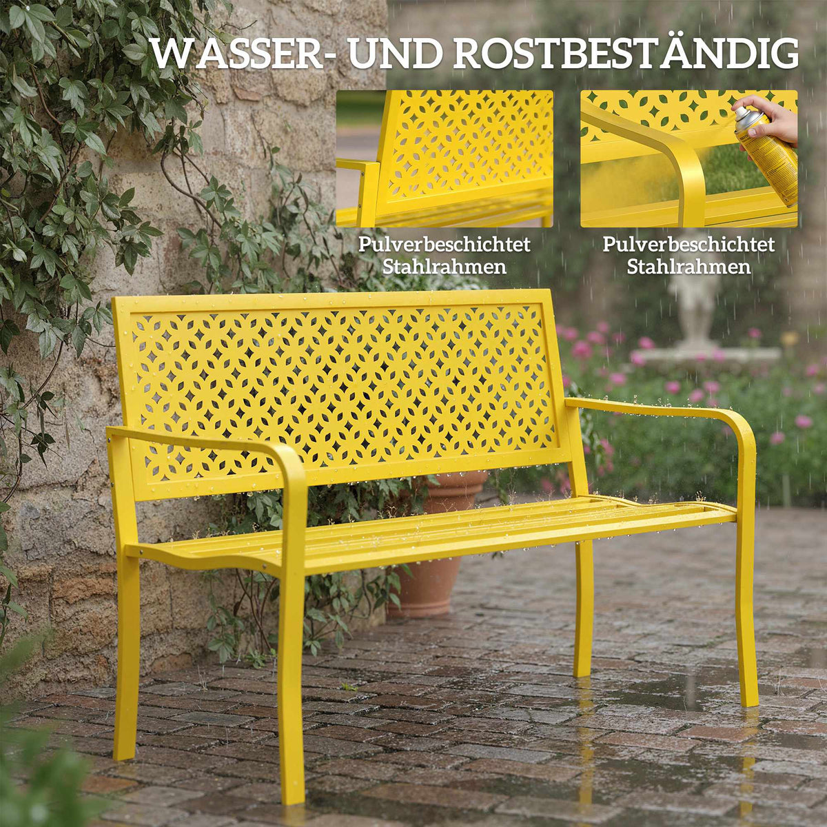 Outdoor Steel Garden Bench, Yellow, 2-Seater, Rust-Resistant