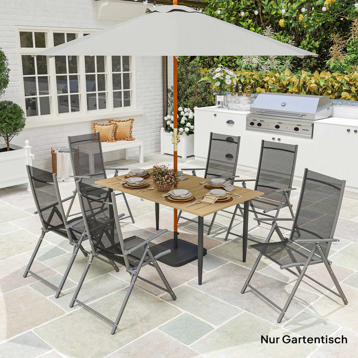 Outdoor Steel Patio Table with Umbrella Hole, 150x90 cm, Brown