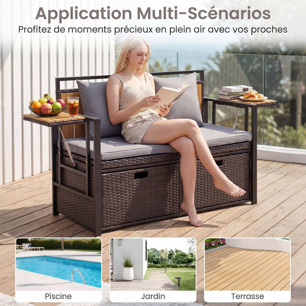 Outdoor Storage Bench, 2-Seater, 142.5L, PE Rattan, Grey