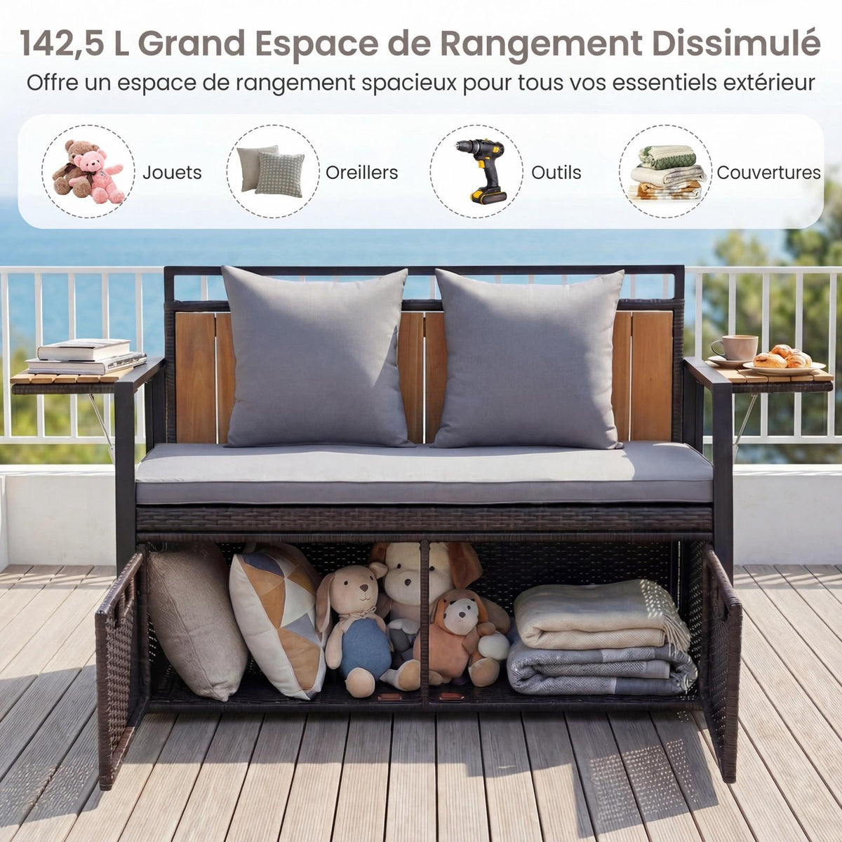 Outdoor Storage Bench, 2-Seater, 142.5L, PE Rattan, Grey