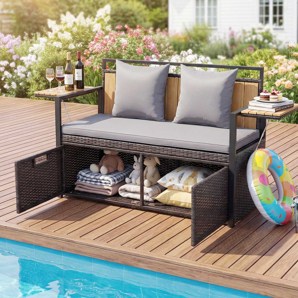 Outdoor Storage Bench, 2-Seater, 142.5L, PE Rattan, Grey