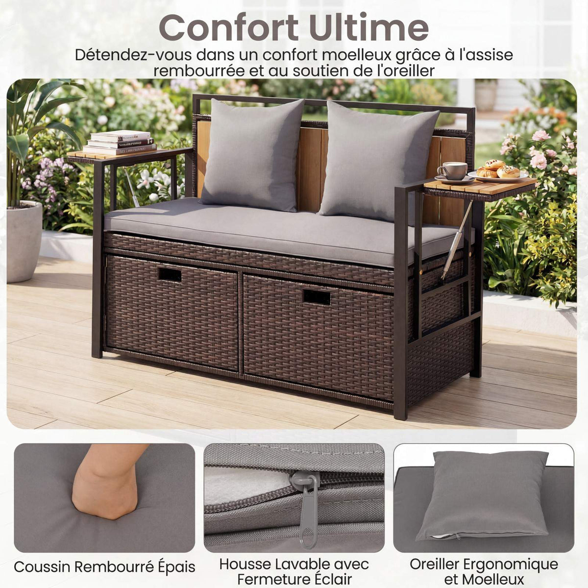 Outdoor Storage Bench, 2-Seater, 142.5L, PE Rattan, Grey