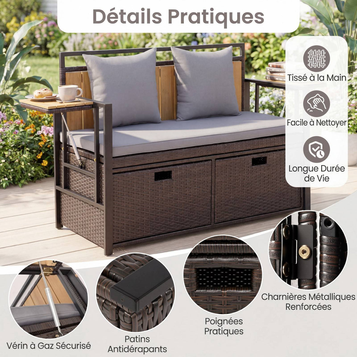 Outdoor Storage Bench, 2-Seater, 142.5L, PE Rattan, Grey