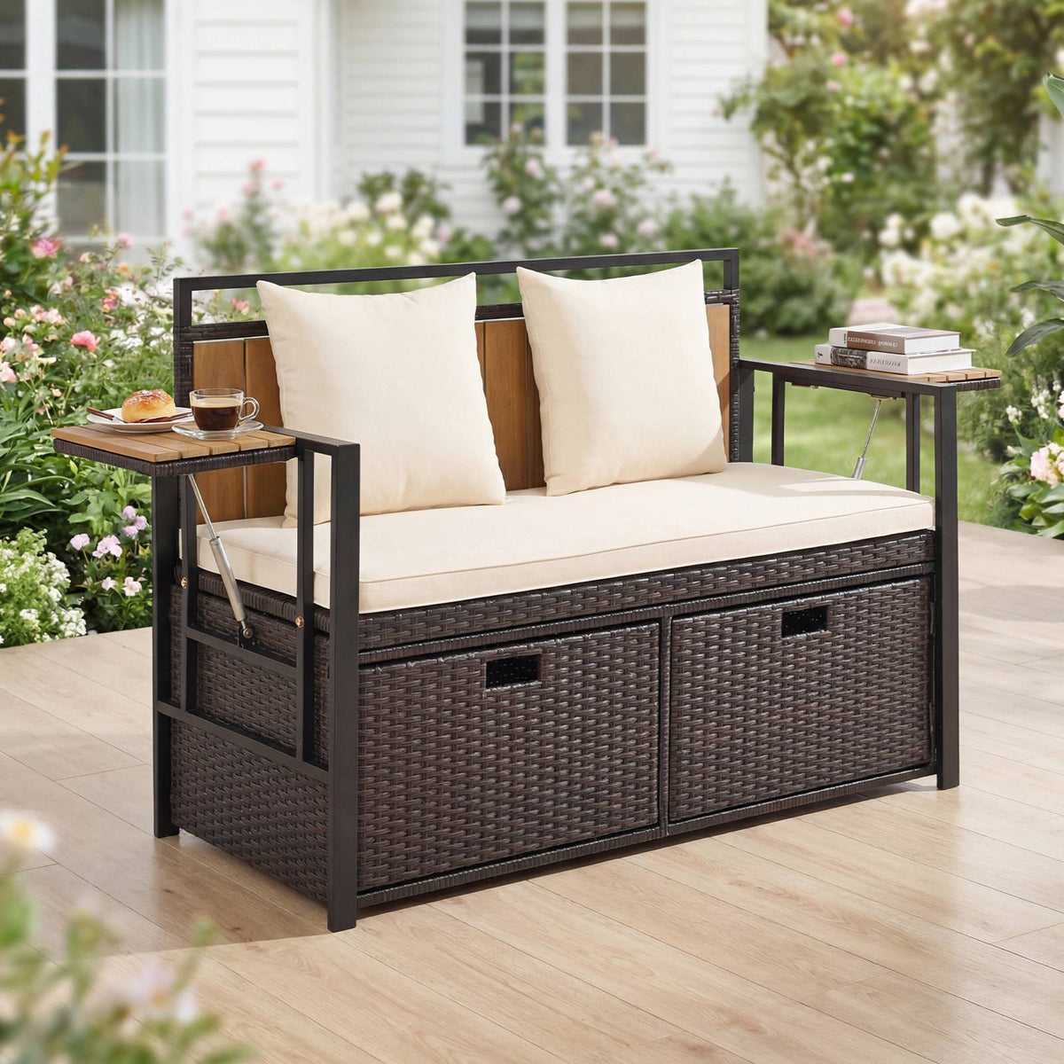 Outdoor Storage Bench, 2-Seater PE Rattan, 142.5L