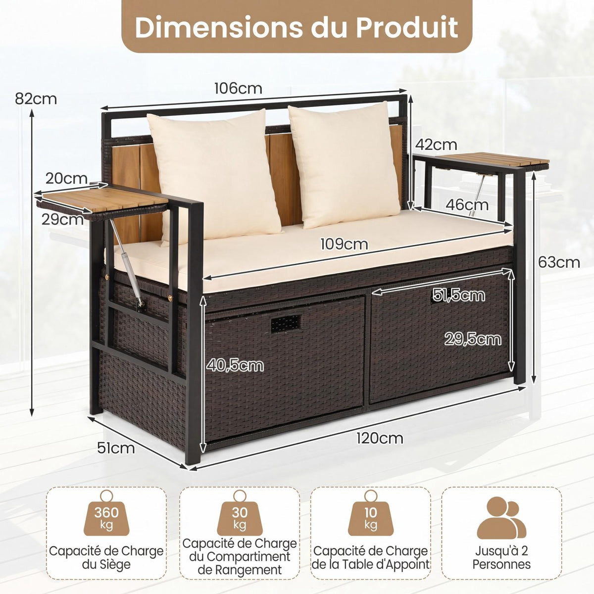 Outdoor Storage Bench, 2-Seater PE Rattan, 142.5L