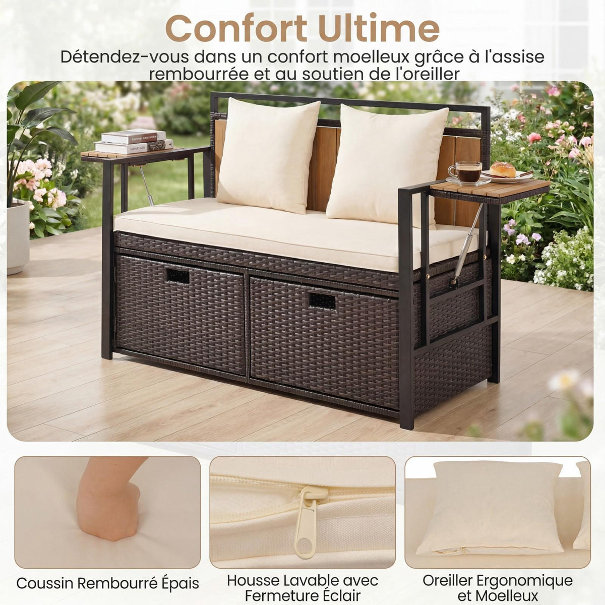 Outdoor Storage Bench, 2-Seater PE Rattan, 142.5L