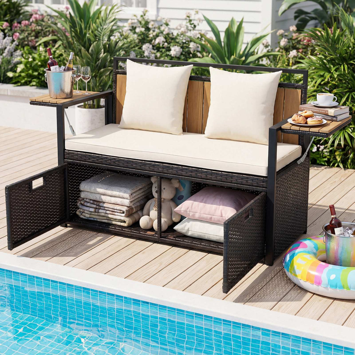 Outdoor Storage Bench, 2-Seater PE Rattan, 142.5L