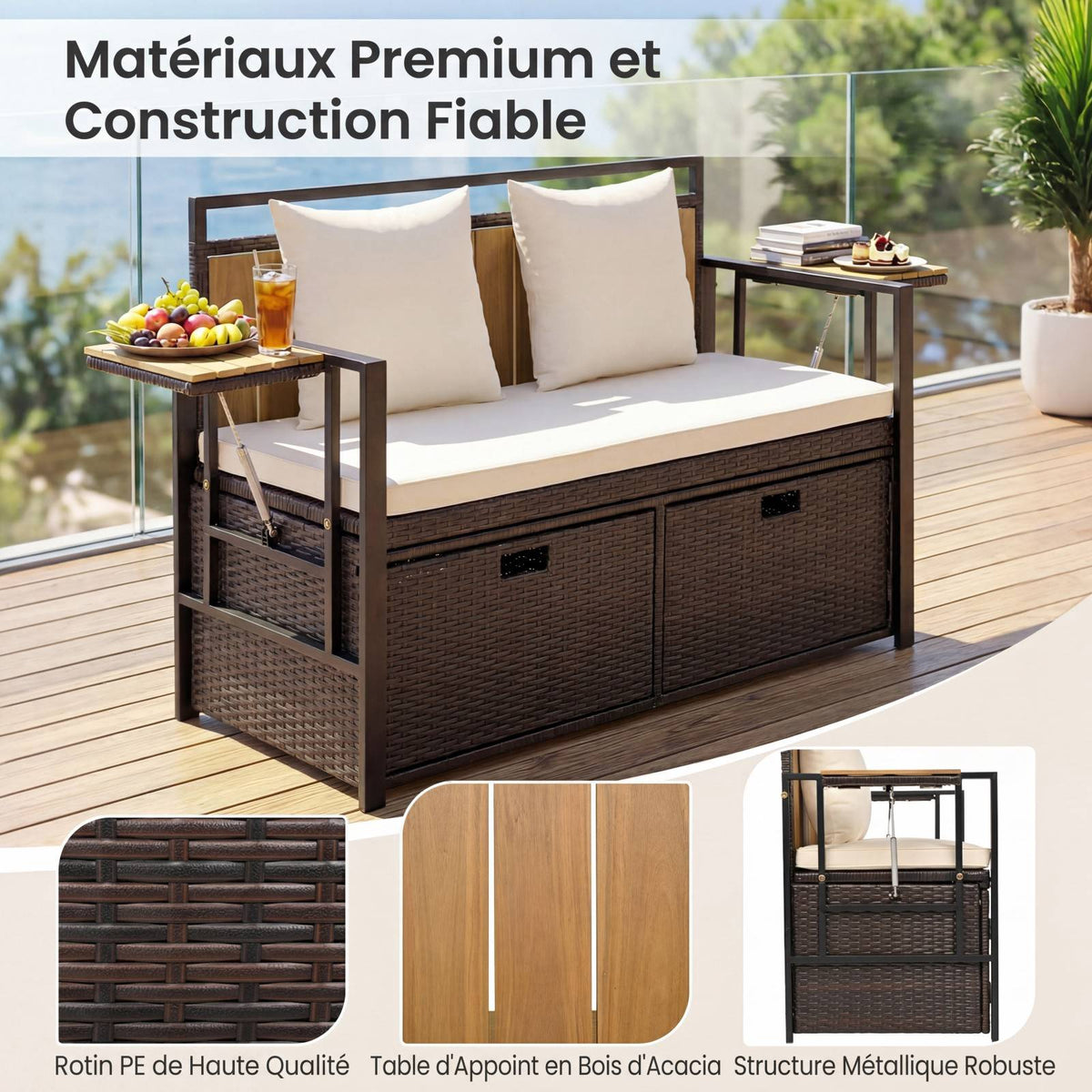 Outdoor Storage Bench, 2-Seater PE Rattan, 142.5L