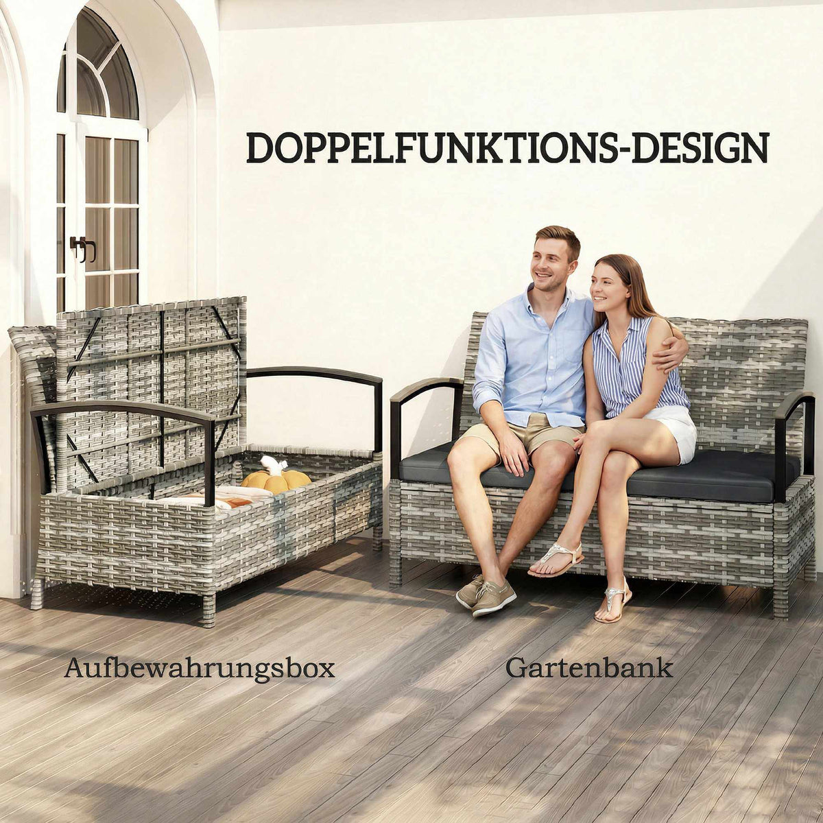 Outdoor Storage Bench, 2-Seater with Cushion, 125L, Dark Grey