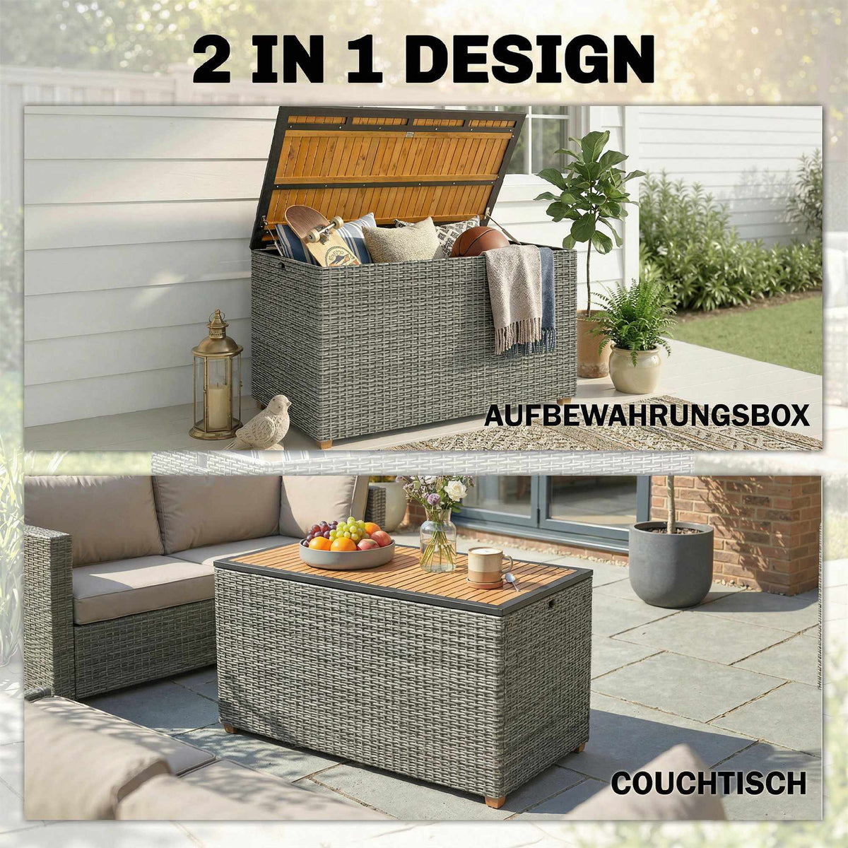 Outdoor Storage Box 450L, Waterproof Rattan, Wood Lid