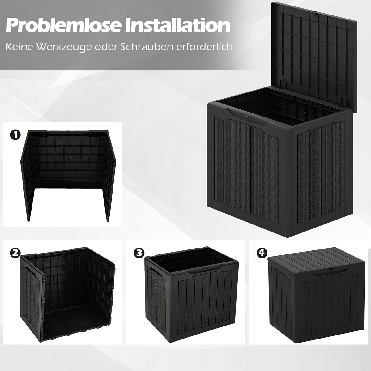 Outdoor Storage Box 96L, Lockable Lid, Rattan Look, Black