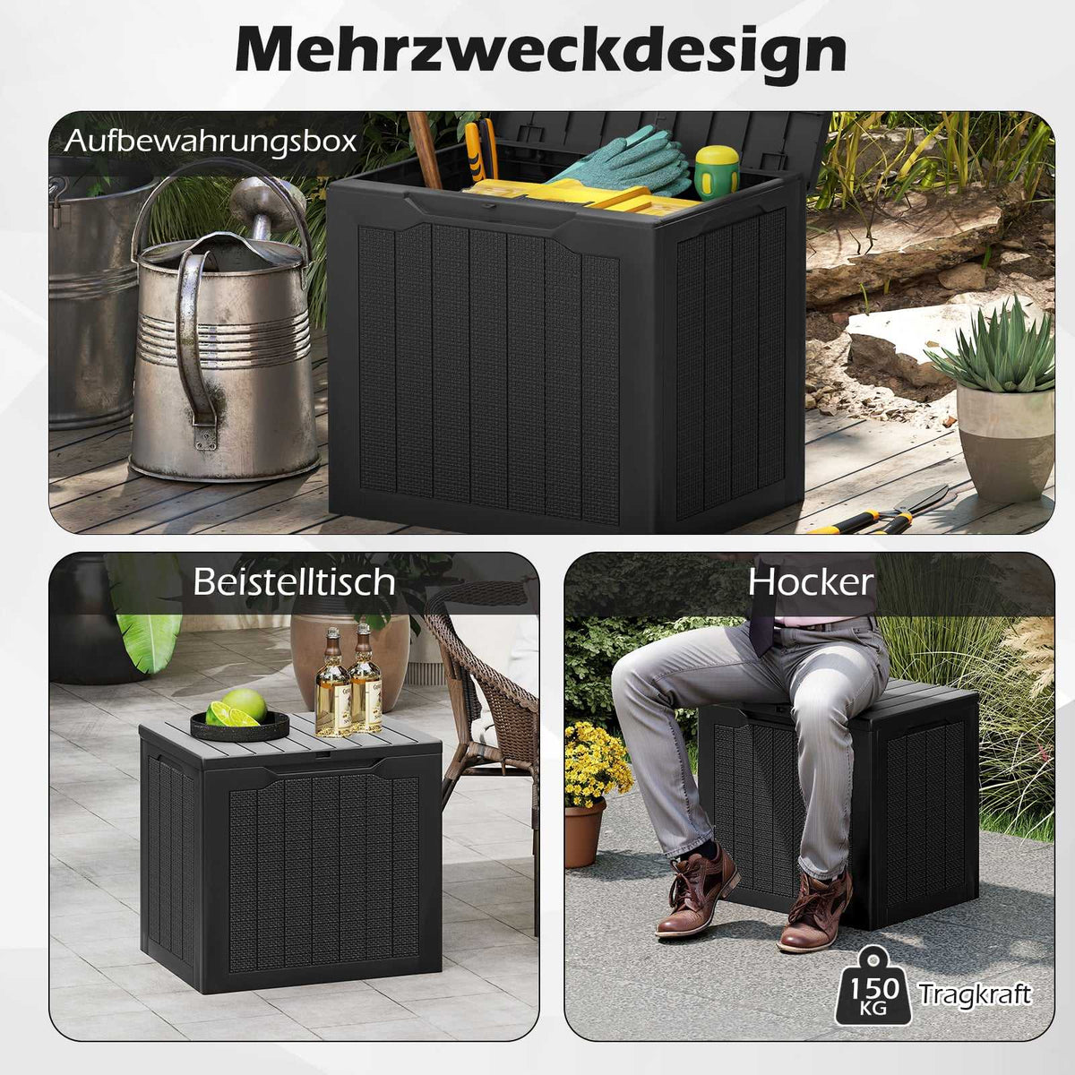 Outdoor Storage Box 96L, Lockable Lid, Rattan Look, Black