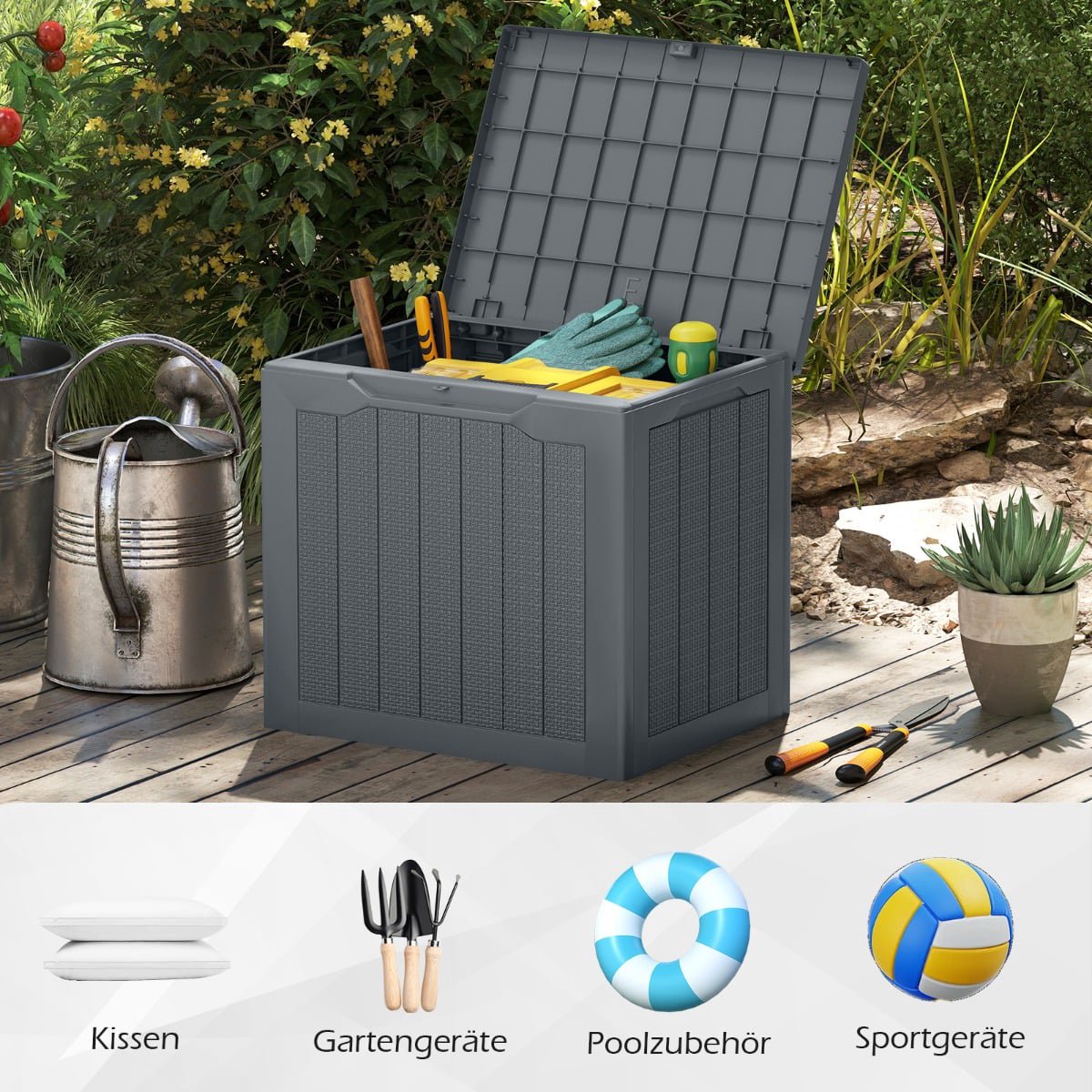 Outdoor Storage Box 96L, Lockable Lid, Rattan Look, Grey