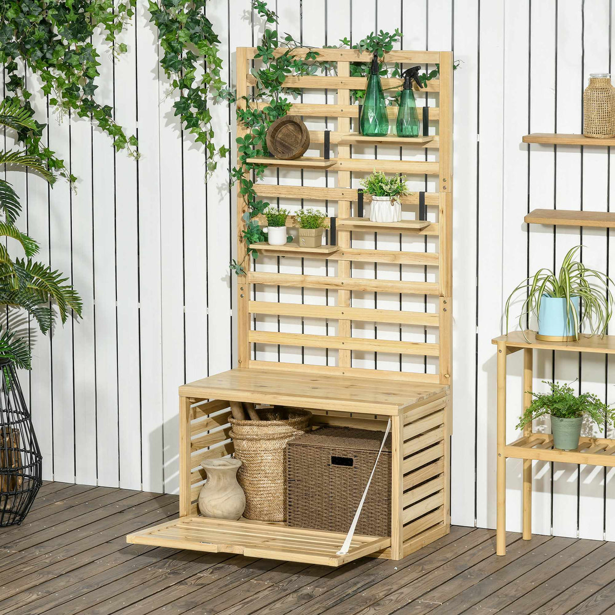 Outdoor Storage Box with Trellis, 4 Shelves, Solid Wood