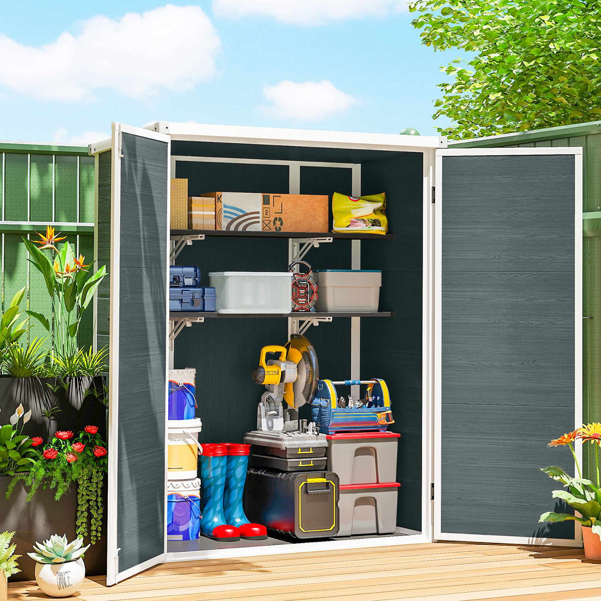 Outdoor Storage Shed, 134x68.5x170 cm, Lockable Doors