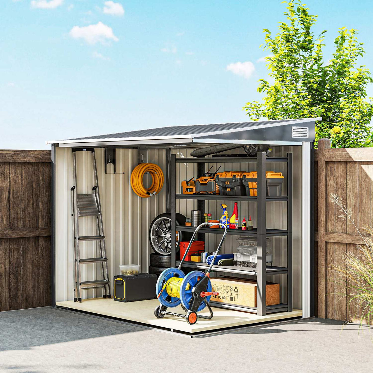 Outdoor Storage Shed, 7x5 ft, Galvanized Steel, Ventilated