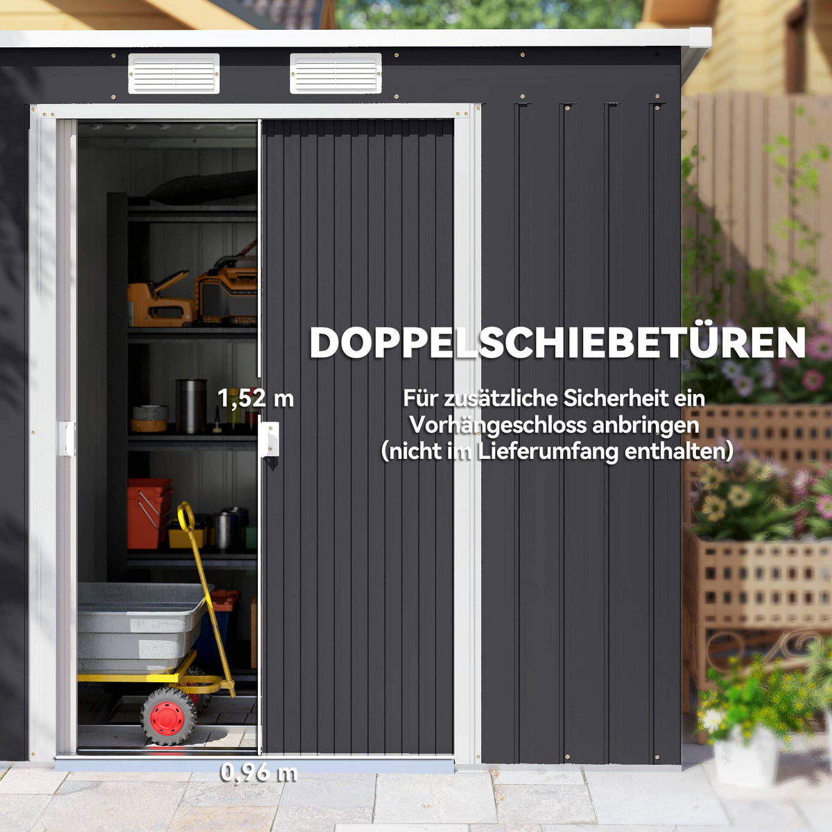 Outdoor Storage Shed, Vent Windows, Sliding Doors, Steel, 213x130x172 cm