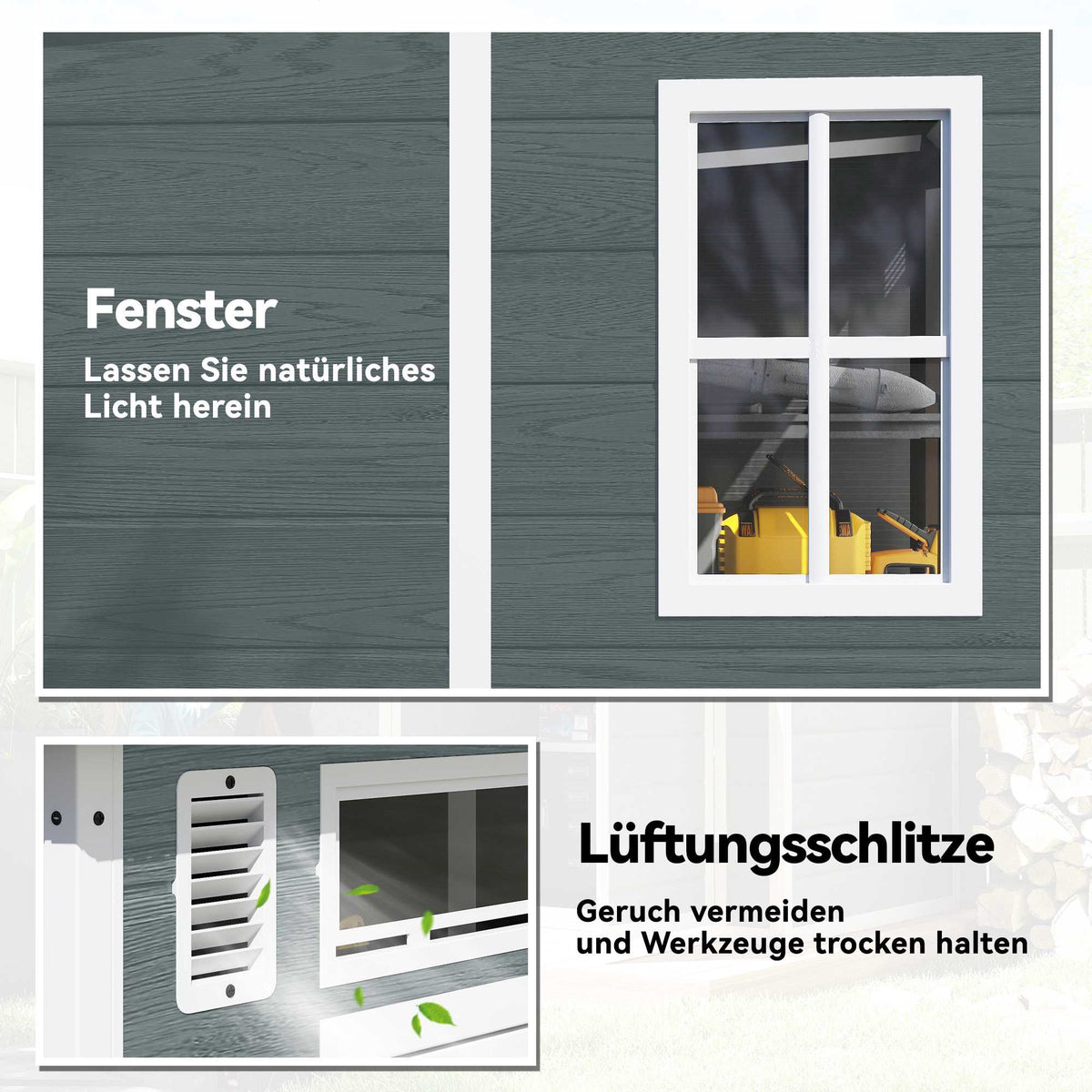 Outdoor Storage Shed, Wood-Look, 3 Windows, Double Doors, 182x182 cm
