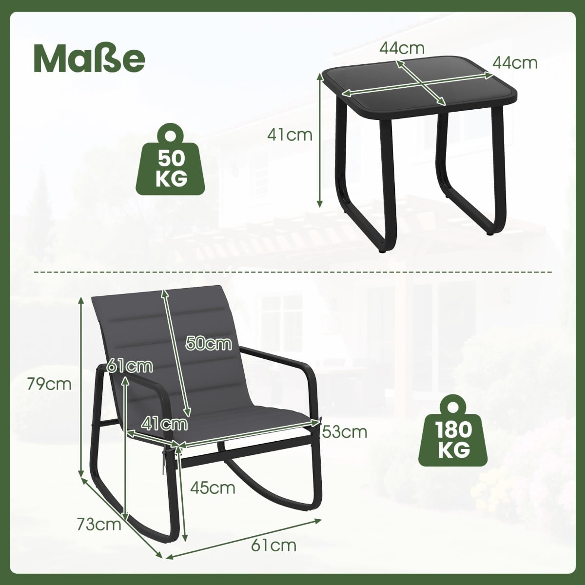 Outdoor Swing Bistro Set – 2 Chairs & Glass Table, Grey