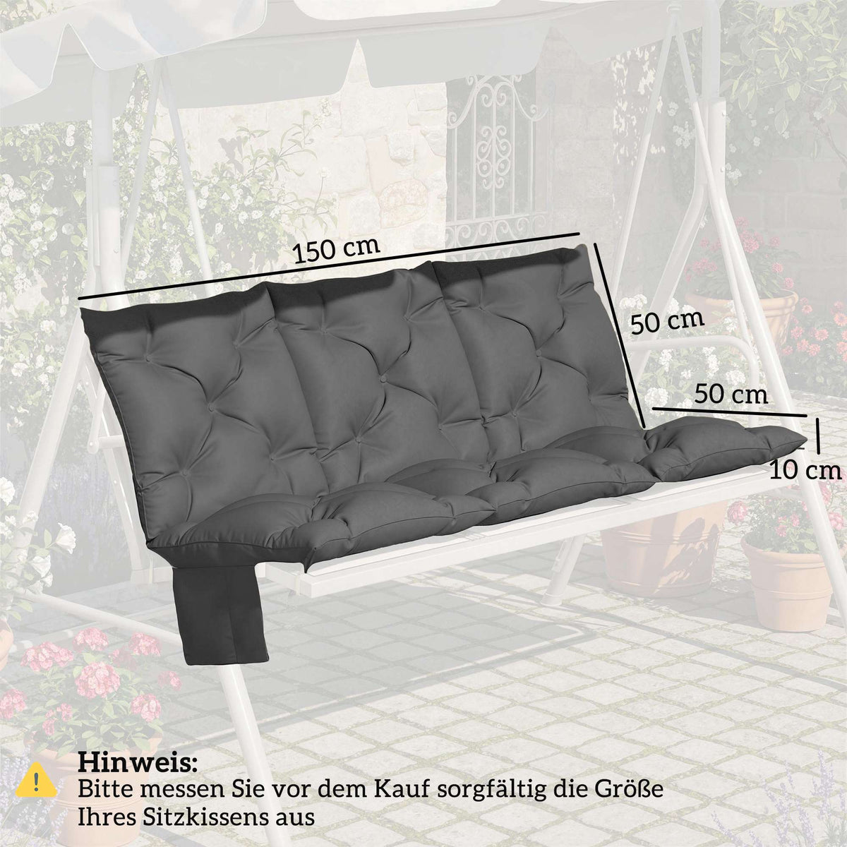 Outdoor Swing Cushion, Water-Resistant, 150x100 cm, Dark Grey