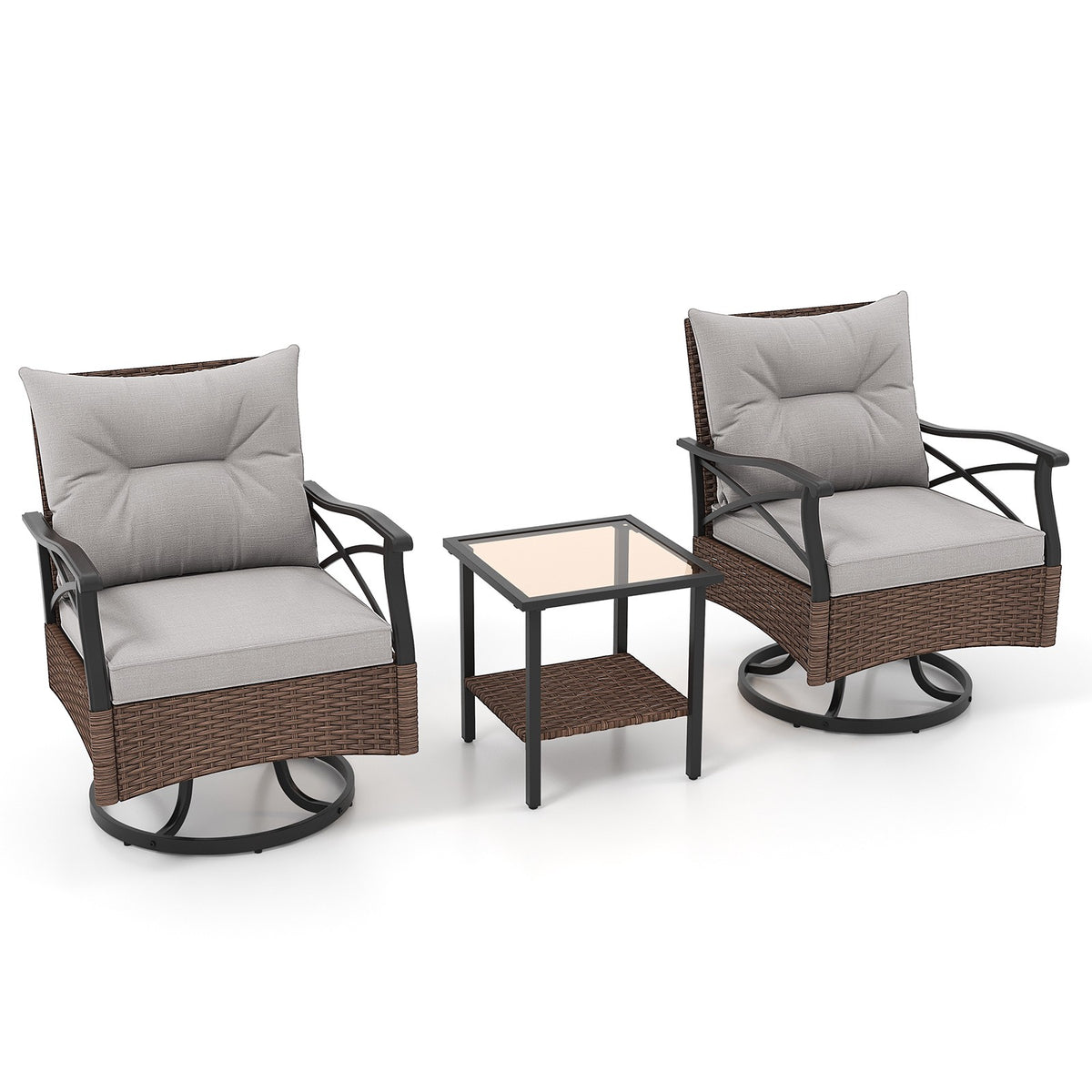 Outdoor Swivel Rocking Chair Set, 3-Piece With Glass Table