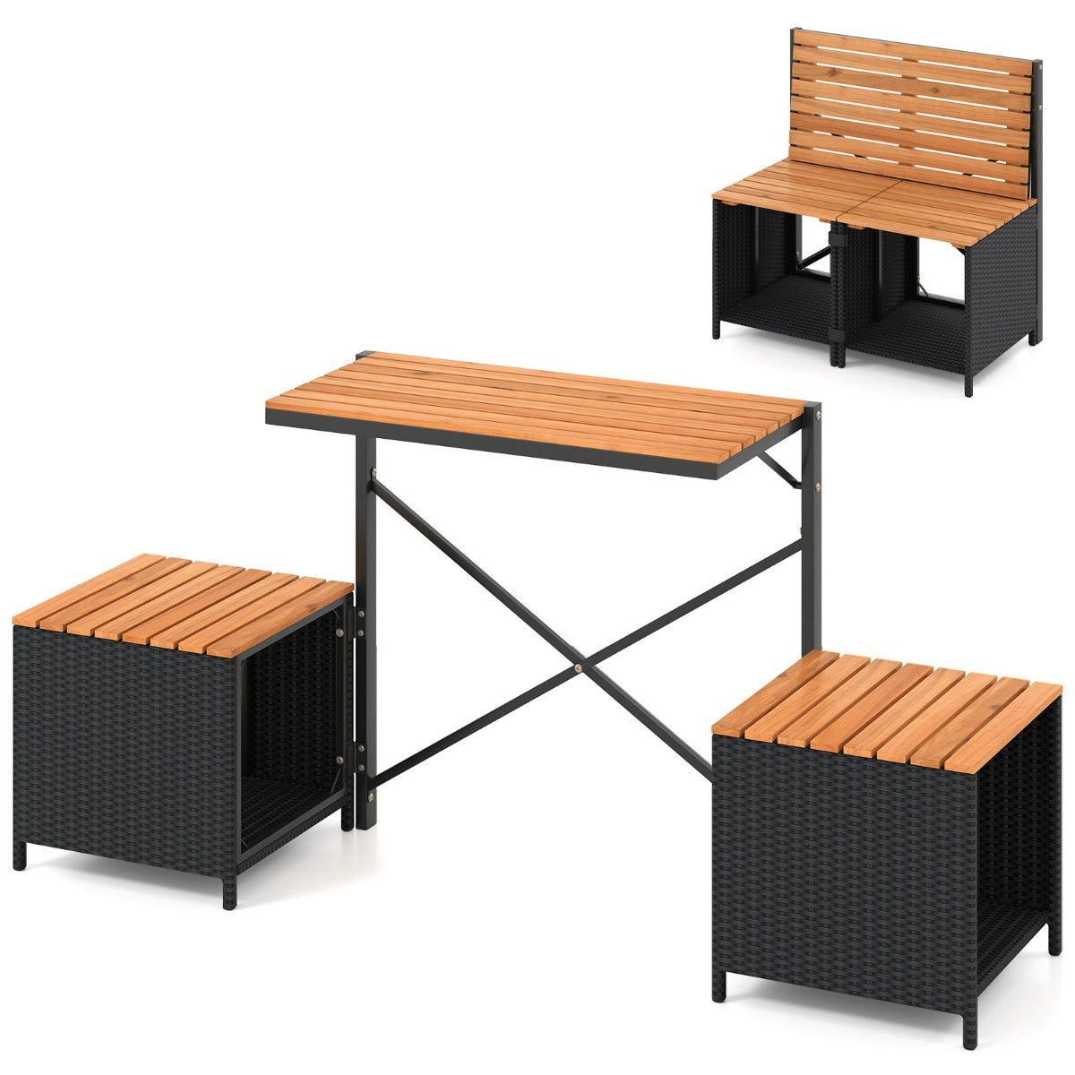 Outdoor Table Set with 2 Chairs, PE Rattan & Acacia Wood