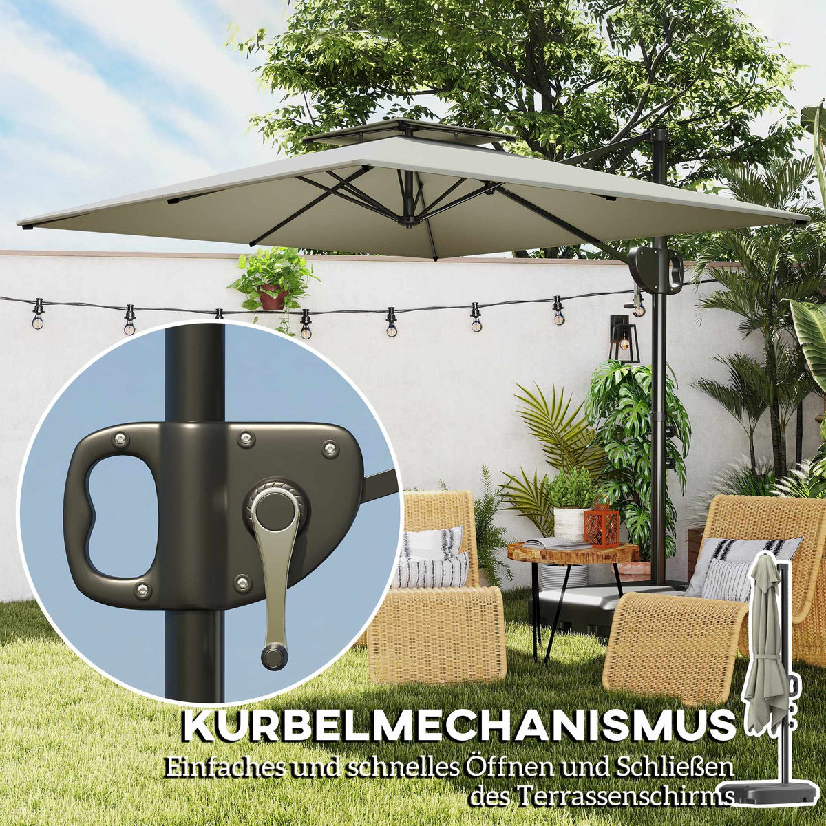 Outdoor Tilt Umbrella with Base, UV Protection, Light Grey