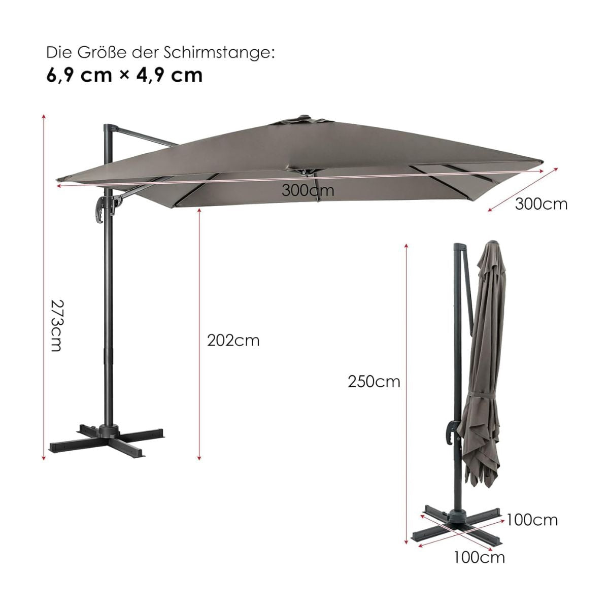 Outdoor Umbrella, 300x300 cm, Grey, 360 Rotation
