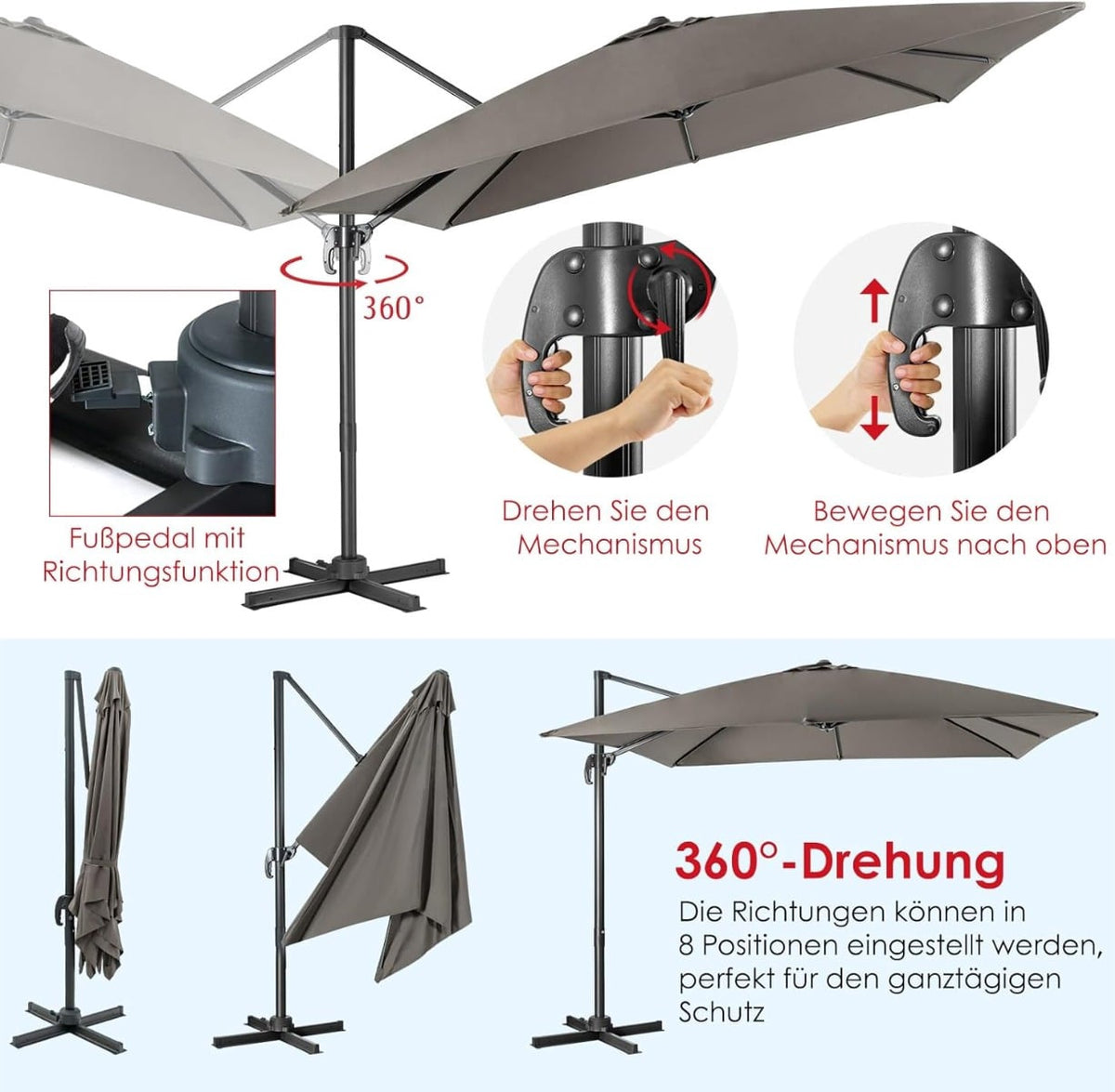Outdoor Umbrella, 300x300 cm, Grey, 360 Rotation