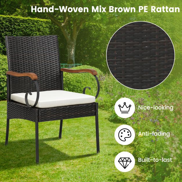 Outdoor Wicker Patio Chairs Set of 2, Acacia Arms, Cushions