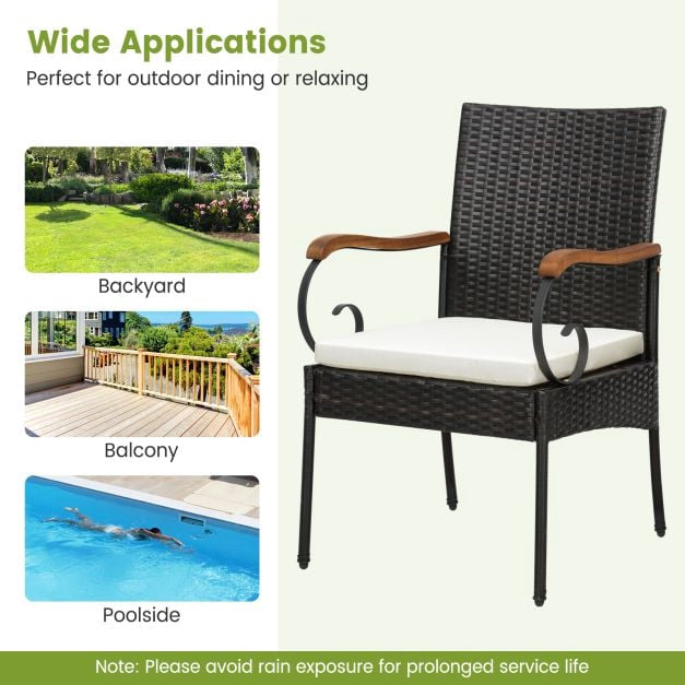 Outdoor Wicker Patio Chairs Set of 2, Acacia Arms, Cushions