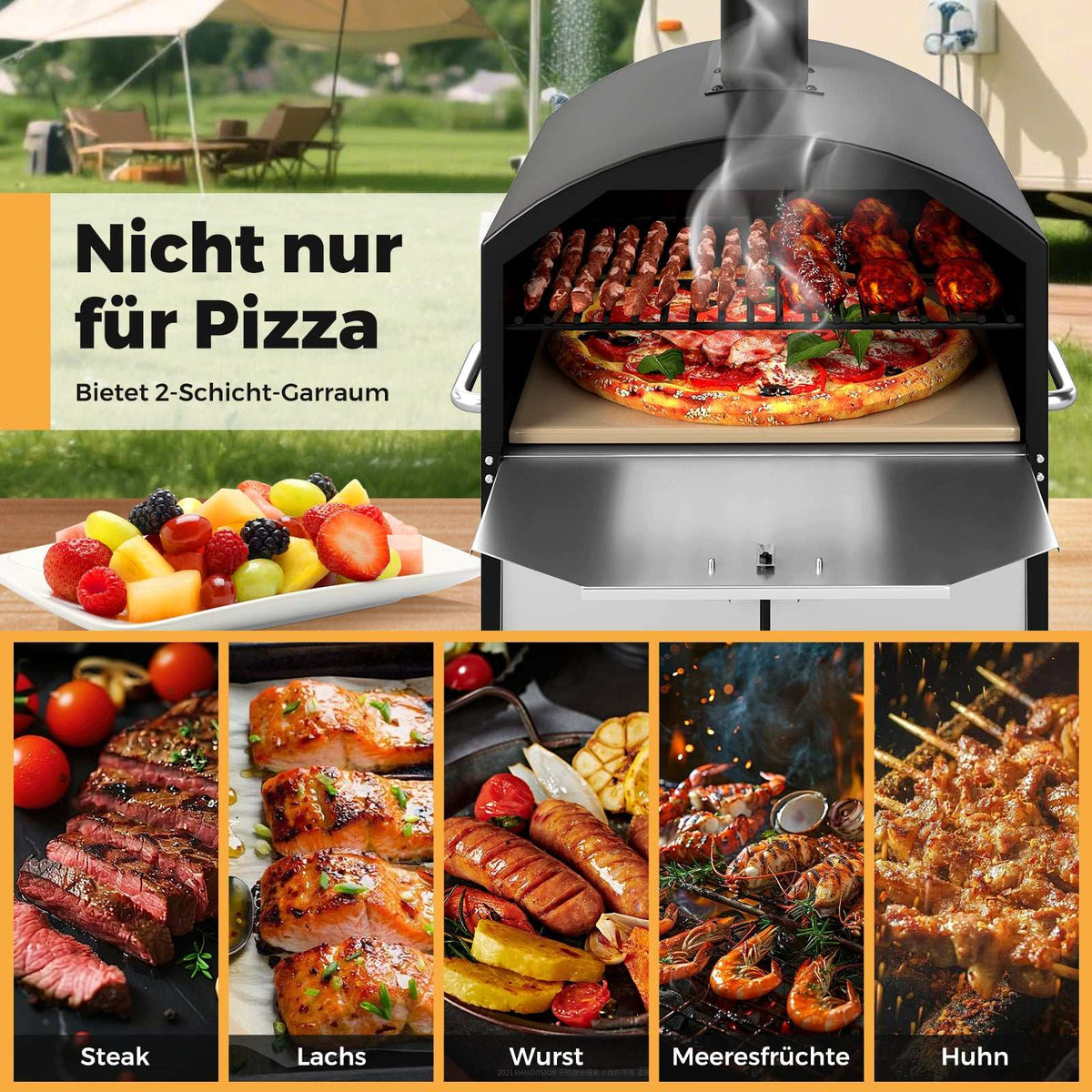 Outdoor Wood-Fired Pizza Oven, 40 cm, 2-Layer Cooking