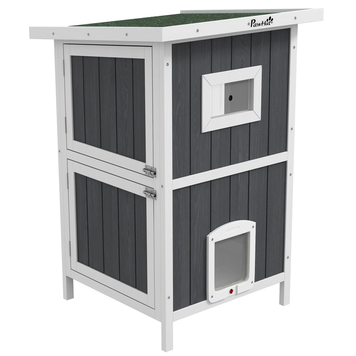 Outdoor Wooden Cat House 2-Tier With Balcony, 4 Doors, For 1-2 Cats Up To 5Kg, Grey