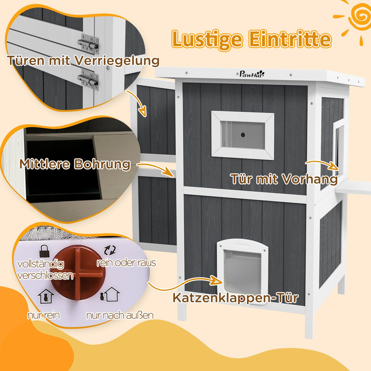 Outdoor Wooden Cat House 2-Tier With Balcony, 4 Doors, For 1-2 Cats Up To 5Kg, Grey