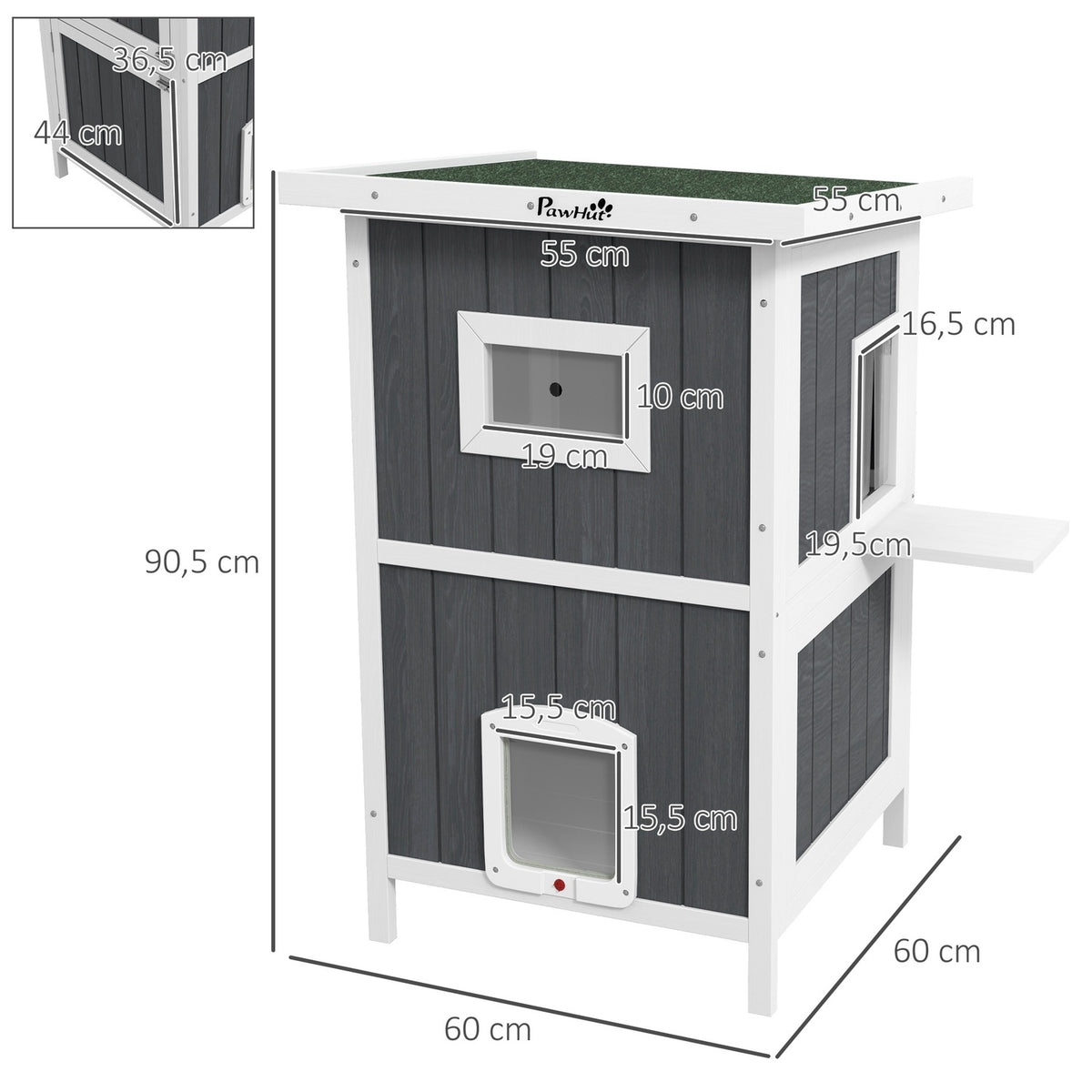 Outdoor Wooden Cat House 2-Tier With Balcony, 4 Doors, For 1-2 Cats Up To 5Kg, Grey