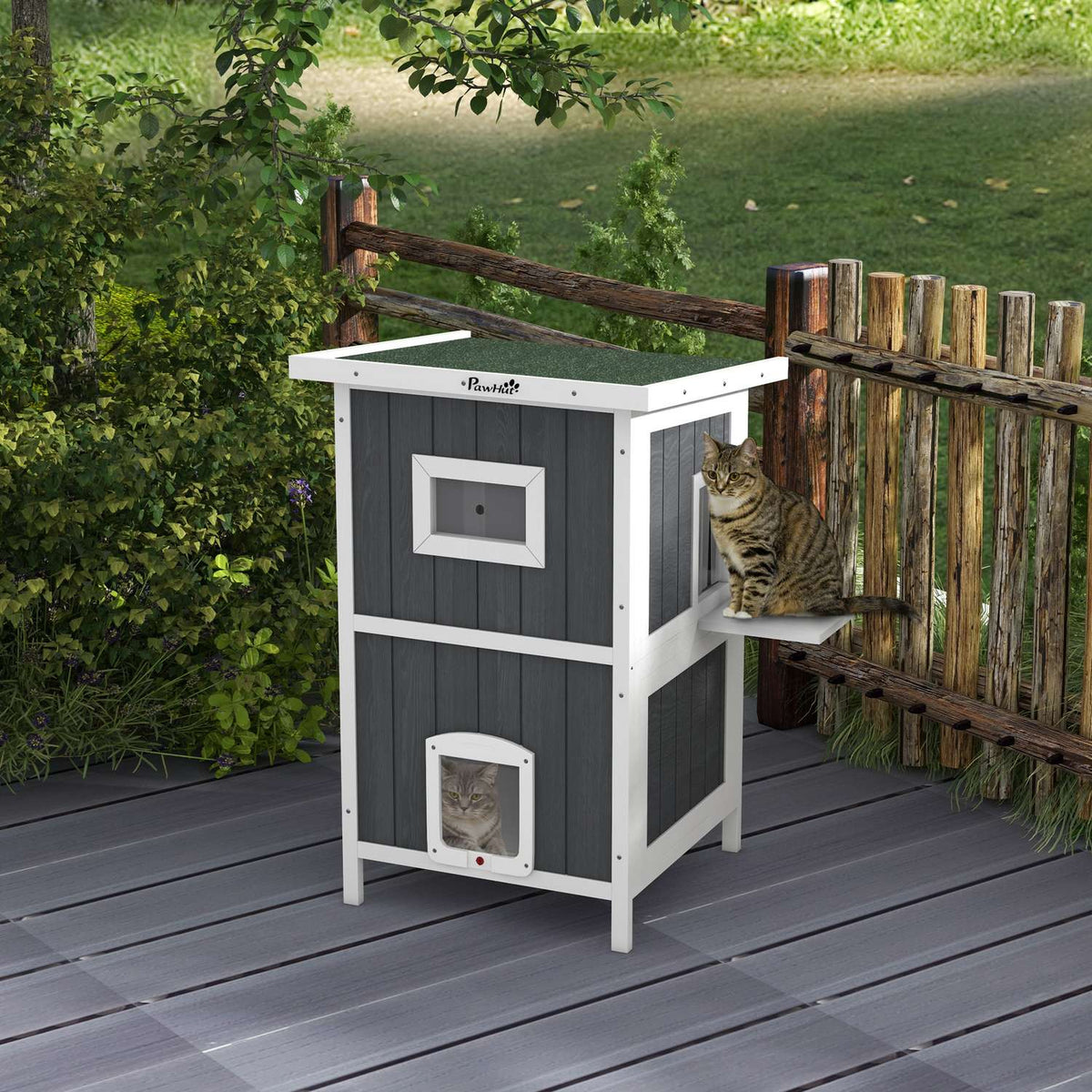 Outdoor Wooden Cat House 2-Tier With Balcony, 4 Doors, For 1-2 Cats Up To 5Kg, Grey