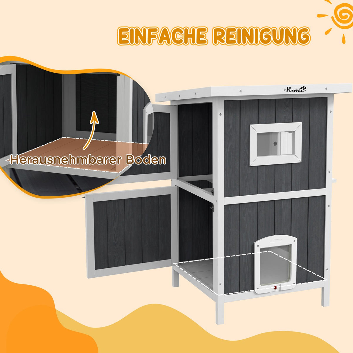 Outdoor Wooden Cat House 2-Tier With Balcony, 4 Doors, For 1-2 Cats Up To 5Kg, Grey