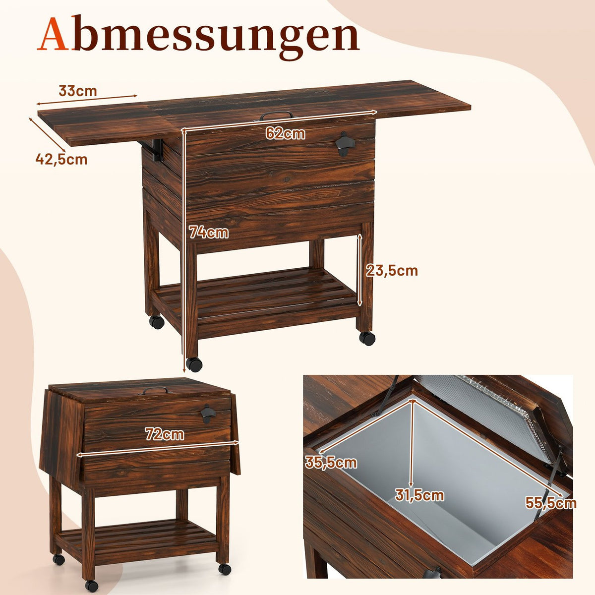 Outdoor Wooden Cooler Cart with Shelves, 51L Capacity
