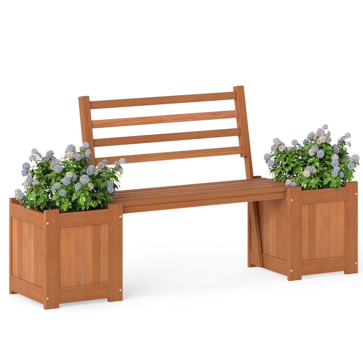Outdoor Wooden Planter Bench with Backrest and 2 Boxes