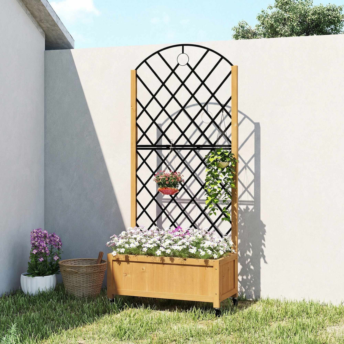 Outdoor Wooden Planter Box with Wheels and Trellis